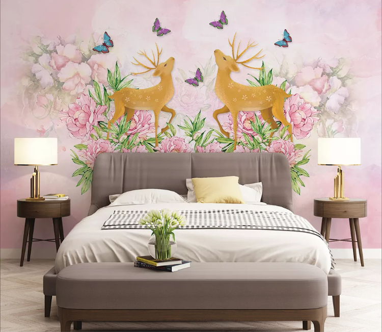 3D Sika Deer Butterfly WC1581 Wall Murals