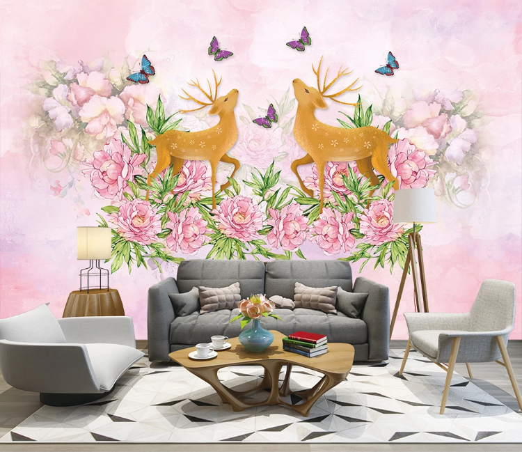 3D Sika Deer Butterfly WC1581 Wall Murals