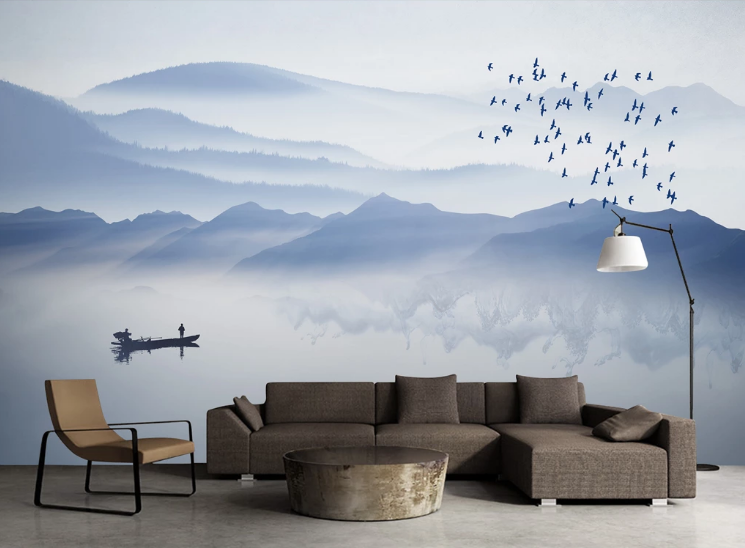 3D Mountain Boat WC433 Wall Murals