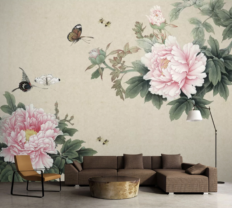 3D Pink Peony Bee WC344 Wall Murals