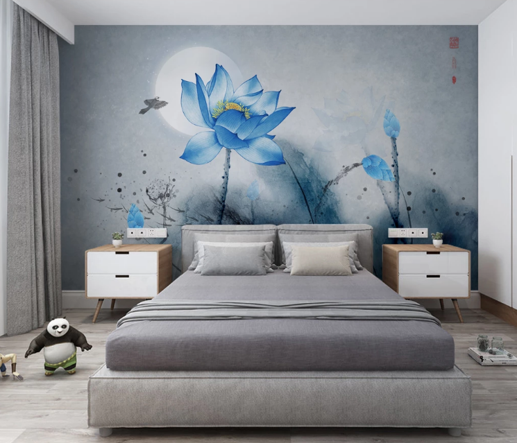 3D Blue Lotus Moon WC2608 Wall Murals