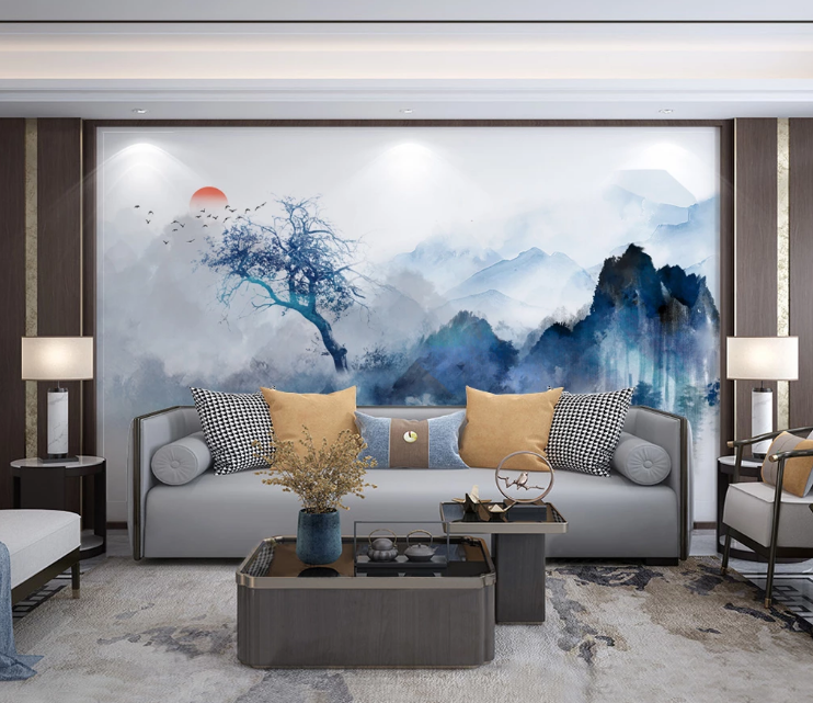 3D Blue Mountain Tree WC2527 Wall Murals