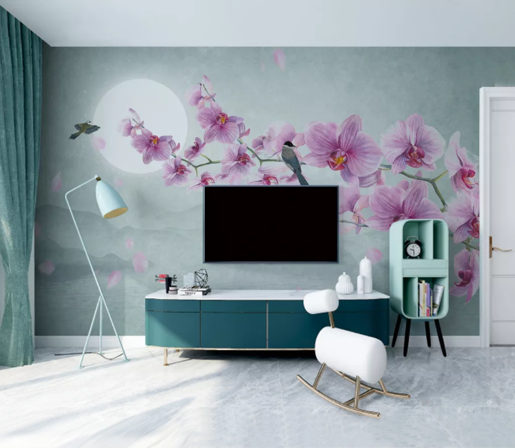 3D Moon Bird Plum WC2472 Wall Murals