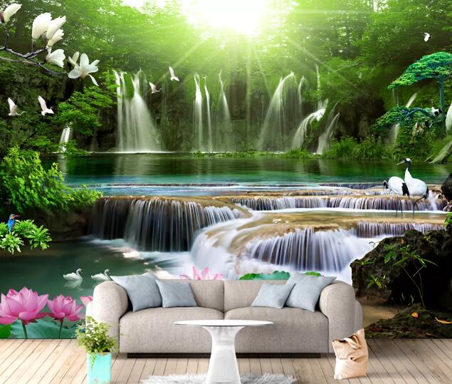 3D Waterfall Lotus WC1516 Wall Murals