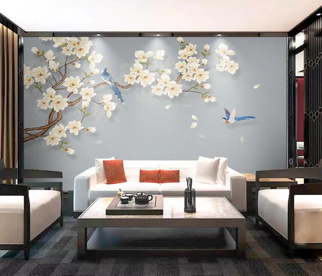 3D Blue Bird Flower WC2750 Wall Murals