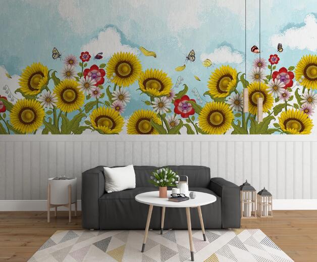 3D Sunflower Butterfly WC939 Wall Murals