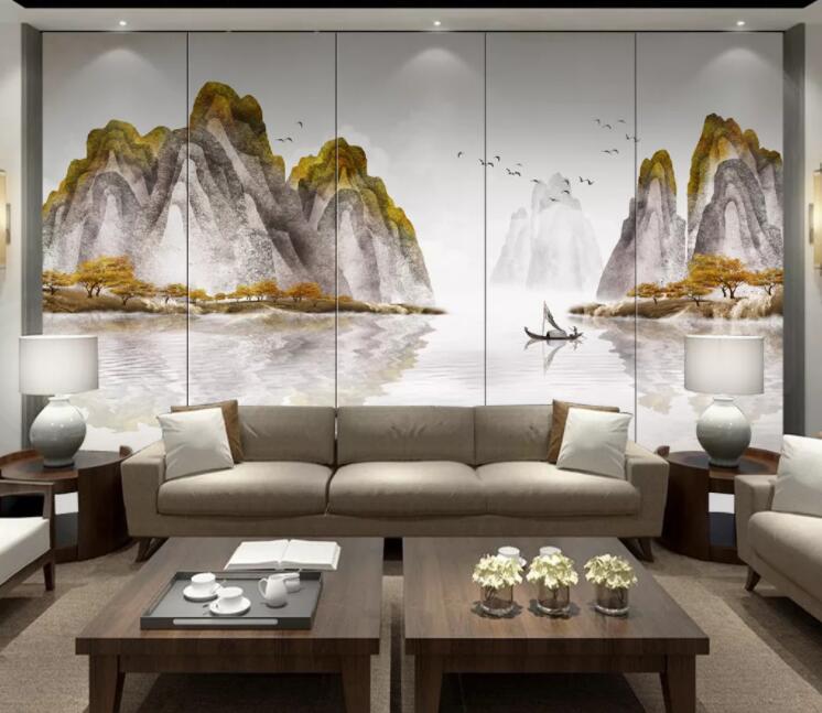 3D Mountain Tree Boat WC2756 Wall Murals