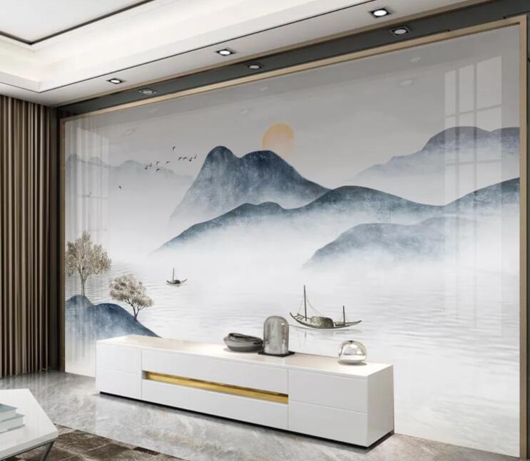 3D Lake Tree Boat WC2617 Wall Murals