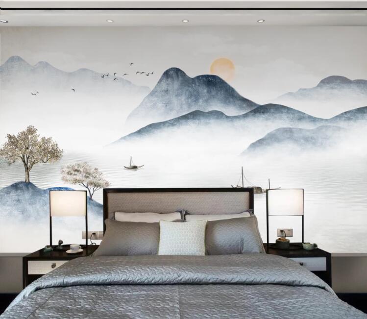 3D Lake Tree Boat WC2617 Wall Murals