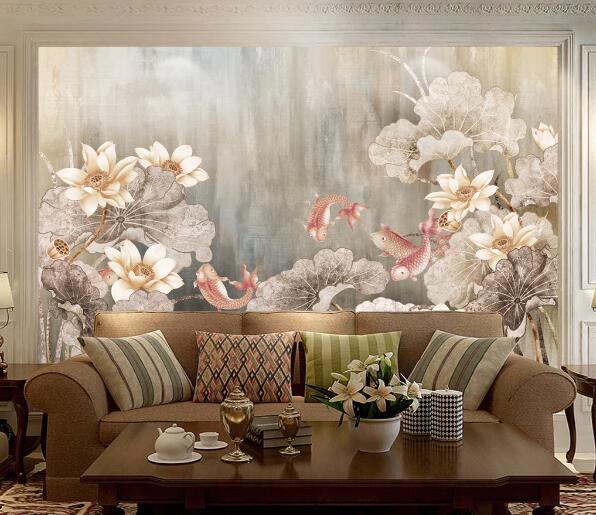 3D Lotus Red Goldfish WC1803 Wall Murals