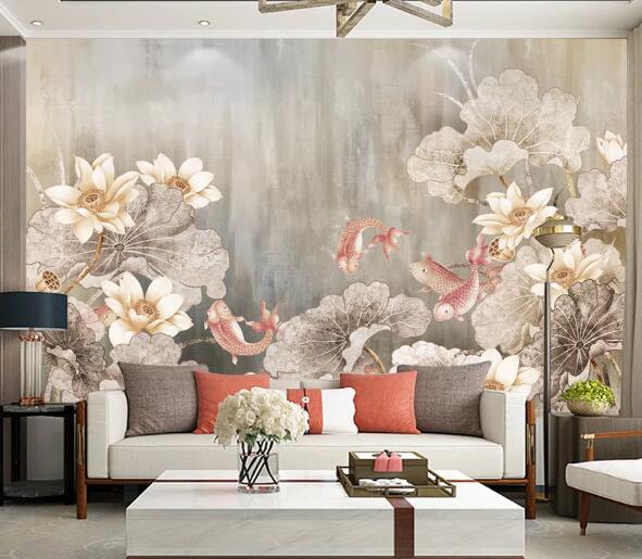 3D Lotus Red Goldfish WC1803 Wall Murals