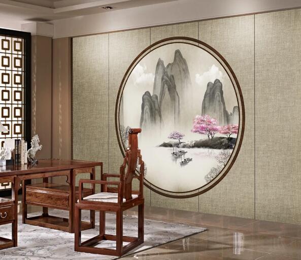 3D Peach Blossom Boat WC1799 Wall Murals