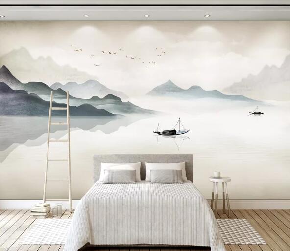 3D Lake Boat Mountain WC1764 Wall Murals