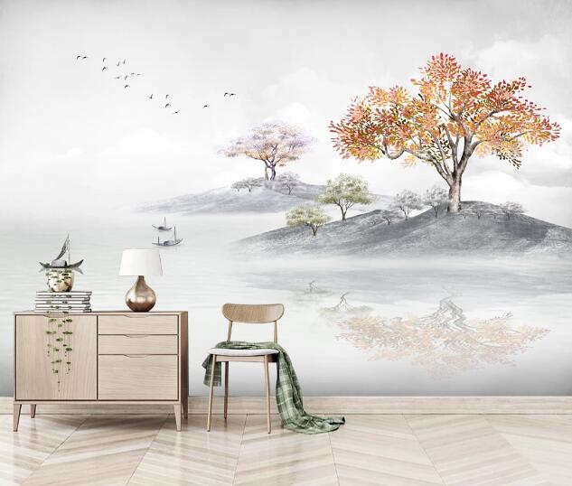 3D Tree Boat Lake WC1707 Wall Murals