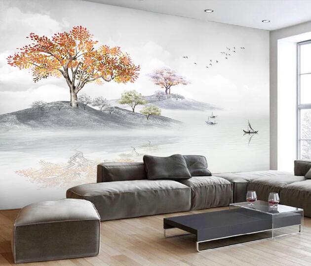 3D Tree Boat Lake WC1707 Wall Murals