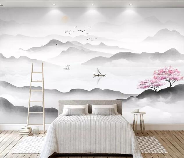 3D Peach Blossom Boat WC1680 Wall Murals