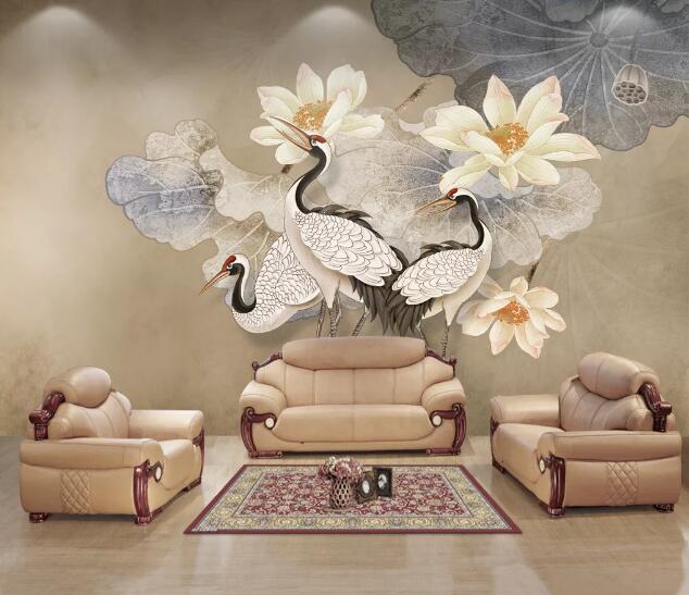 3D White Crane Lotus WC1505 Wall Murals