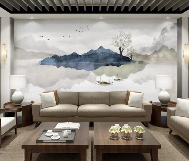 3D Mountain Boat WC1270 Wall Murals