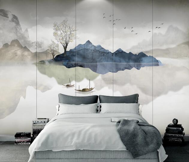 3D Mountain Boat WC1270 Wall Murals