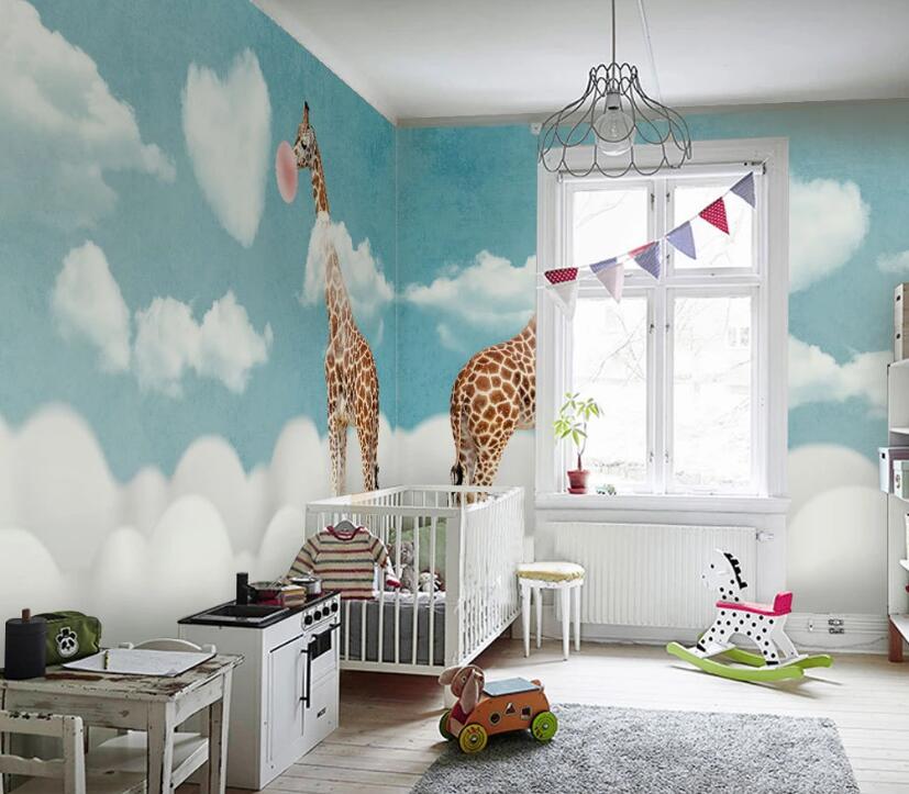 3D Blue Sky Giraffes 1622 Wall Murals