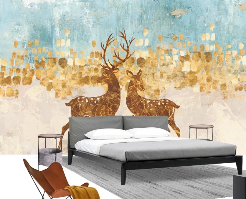 3D Golden Leaves And Deers 1198 Wall Murals