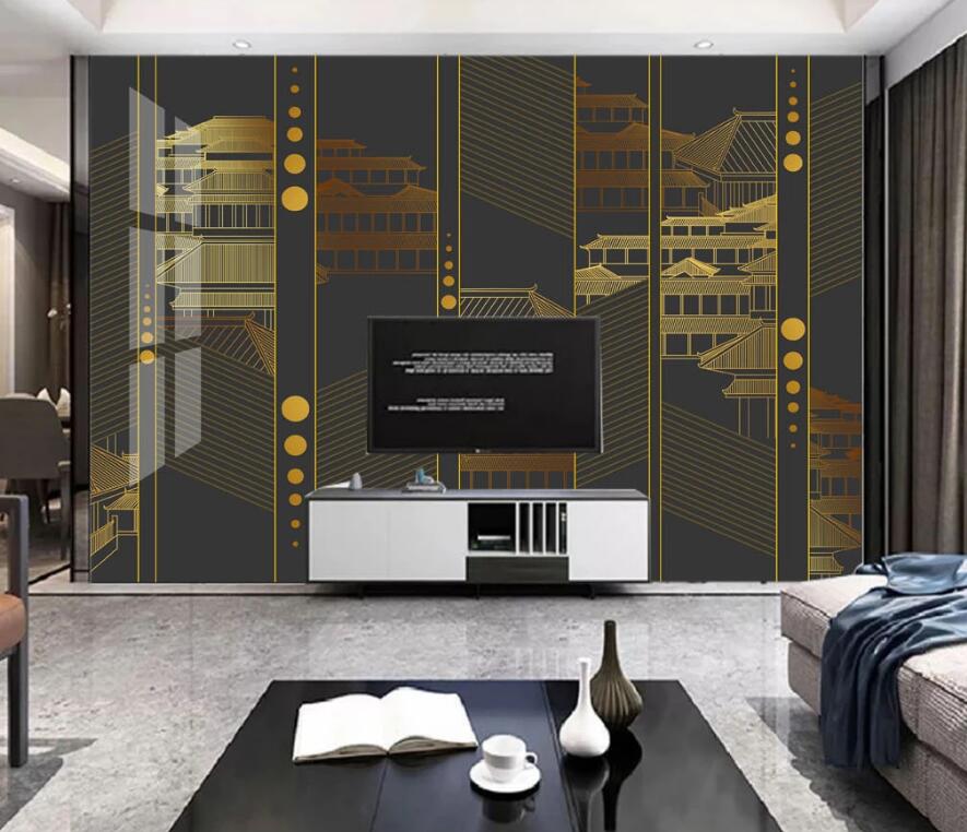 3D Buildings Outlined By Gold Lines 1384 Wall Murals