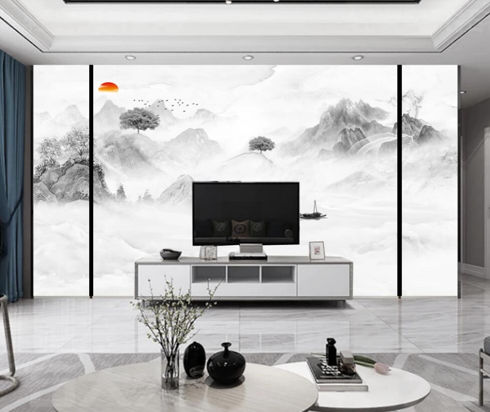 3D Cloudy Ink Mountains 1252 Wall Murals