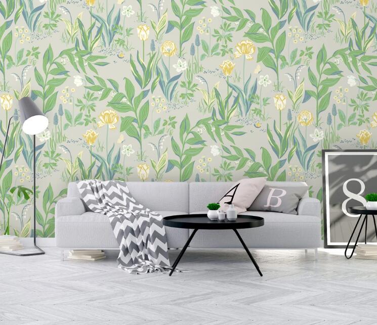 3D Green Leaf Yellow Flower 442 Wall Murals