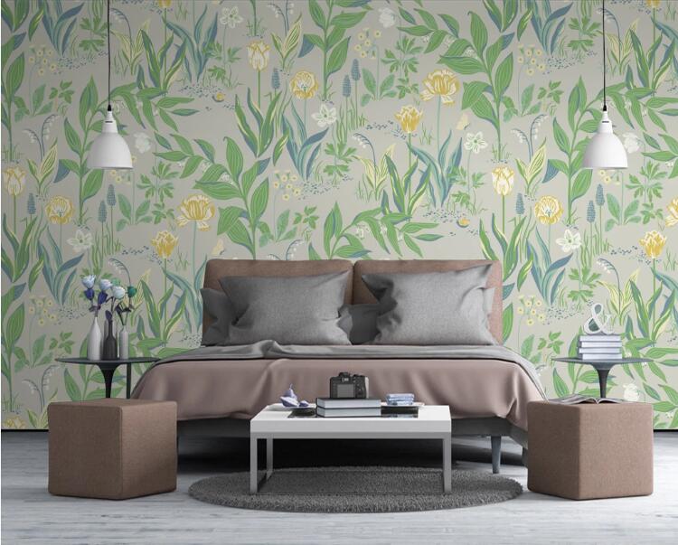 3D Green Leaf Yellow Flower 442 Wall Murals