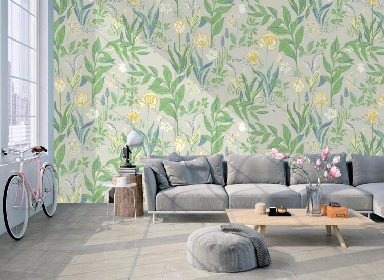 3D Green Leaf Yellow Flower 442 Wall Murals