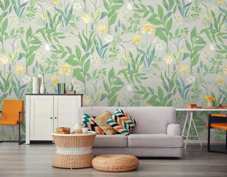 3D Green Leaf Yellow Flower 442 Wall Murals