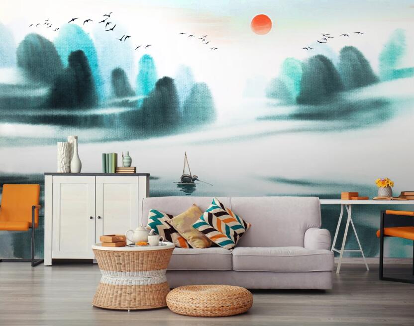 3D Green Mountain Red Sun 650 Wall Murals