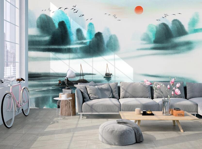 3D Green Mountain Red Sun 650 Wall Murals