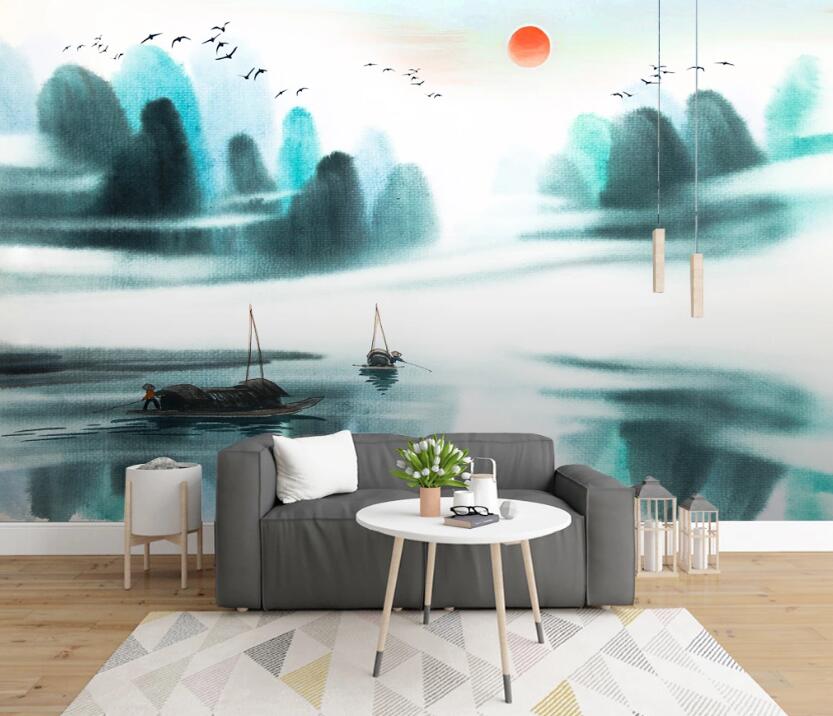 3D Green Mountain Red Sun 650 Wall Murals