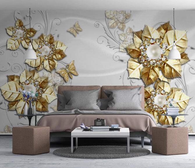 3D Golden Leaves 379 Wall Murals