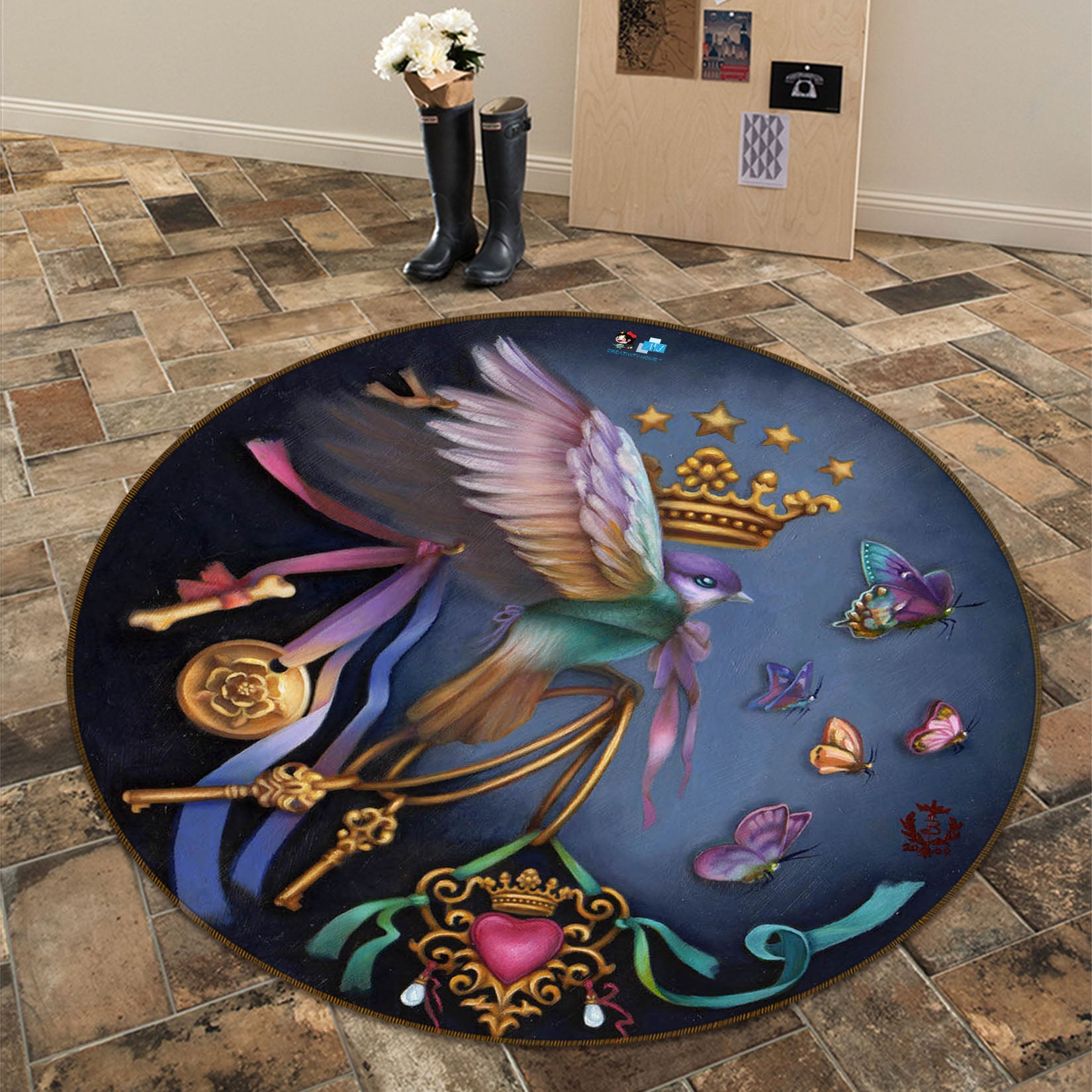 3D Crown Bird Butterfly 8914 Brigid Ashwood Rug Round Non Slip Rug Mat