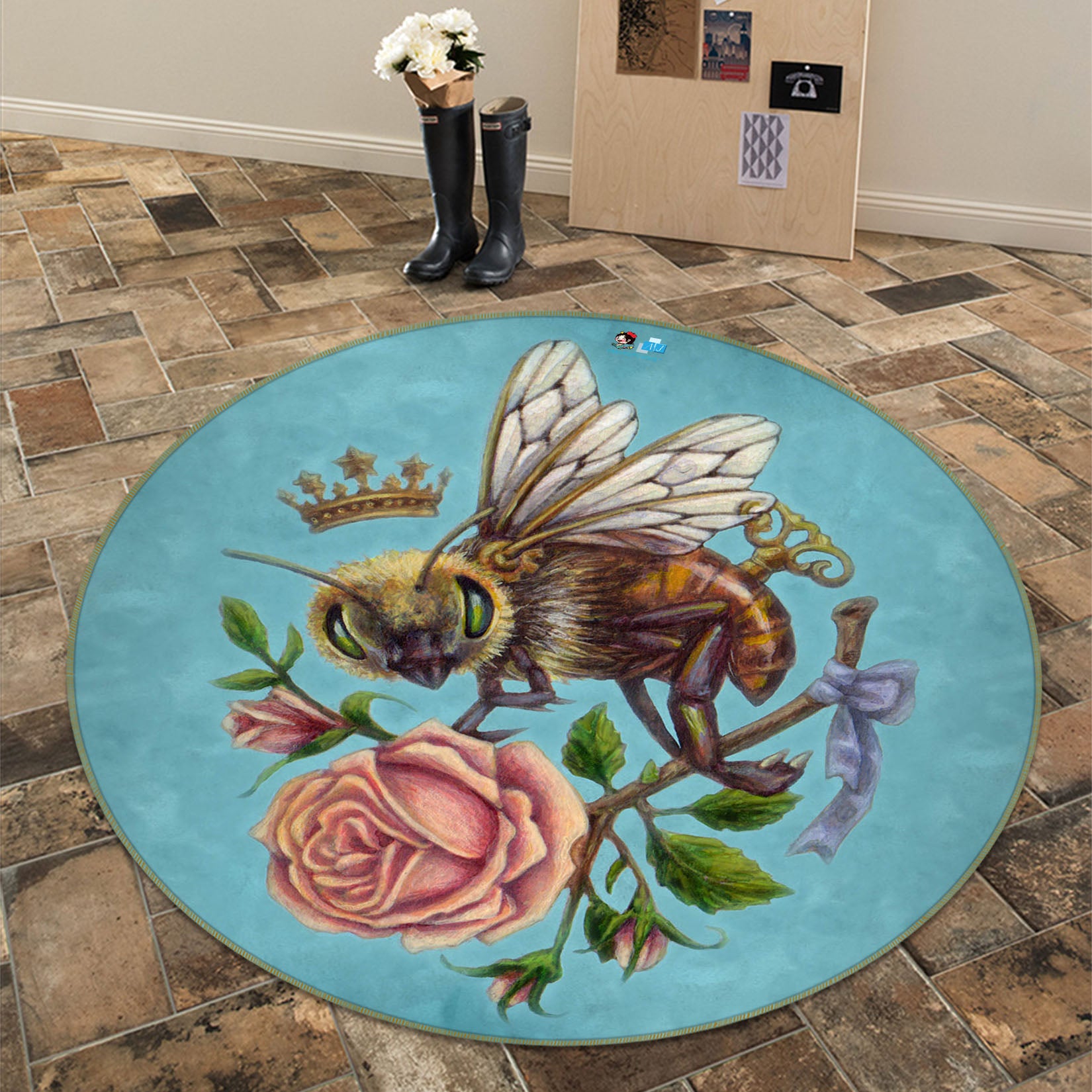 3D Pink Rose Bee 8909 Brigid Ashwood Rug Round Non Slip Rug Mat