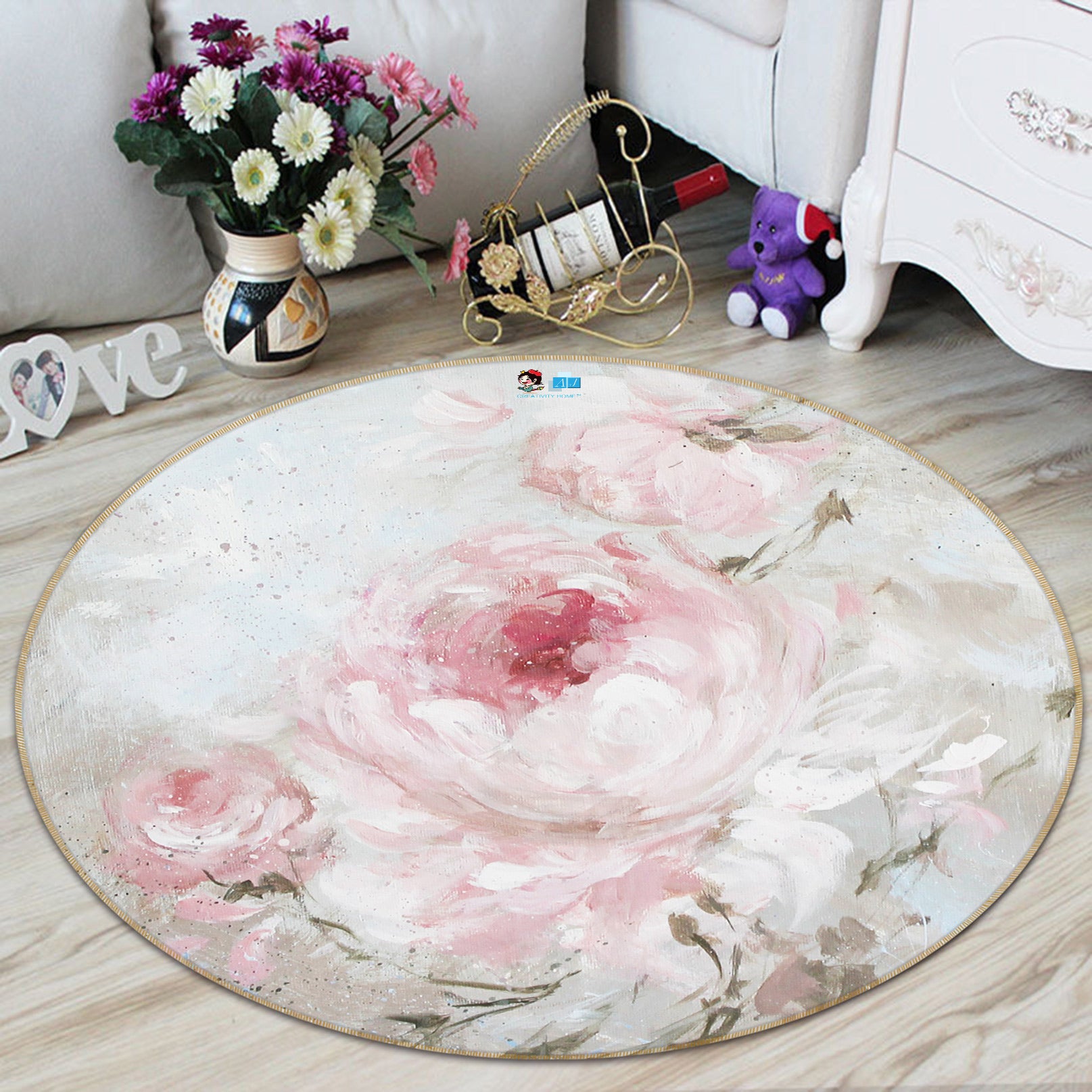 3D Light Pink Flowers 1141 Debi Coules Rug Round Non Slip Rug Mat