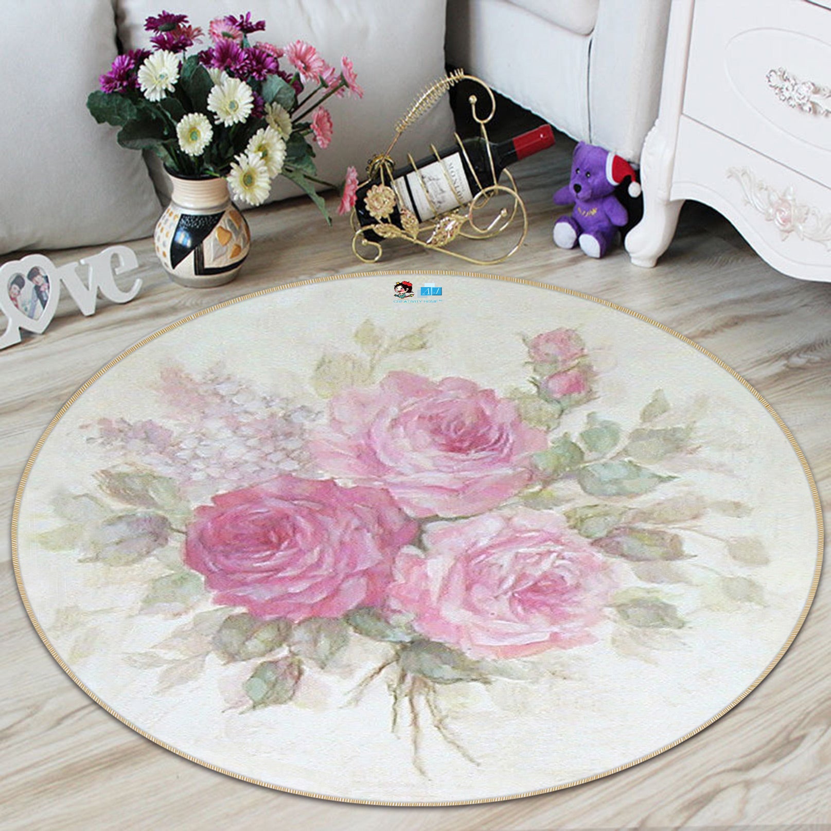 3D Pink Rose 1156 Debi Coules Rug Round Non Slip Rug Mat