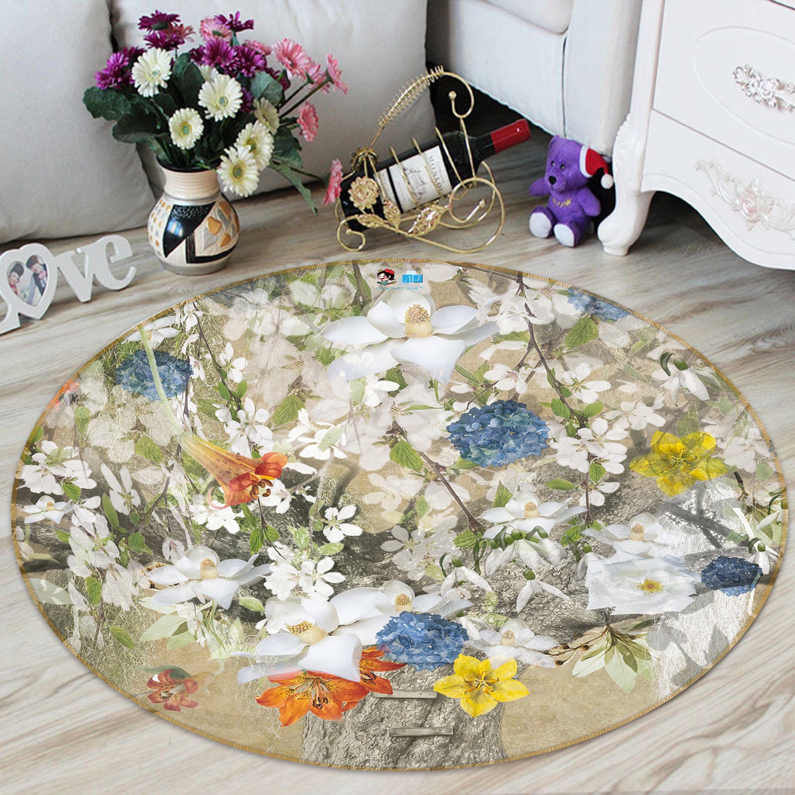 3D Vintage Flower 5064 Beth Sheridan Rug Round Non Slip Rug Mat