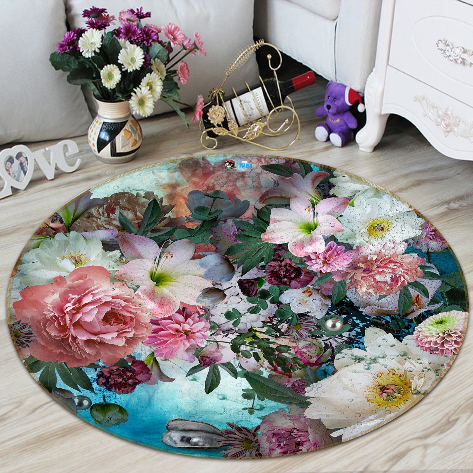 3D Peony Lily 5003 Beth Sheridan Rug Round Non Slip Rug Mat