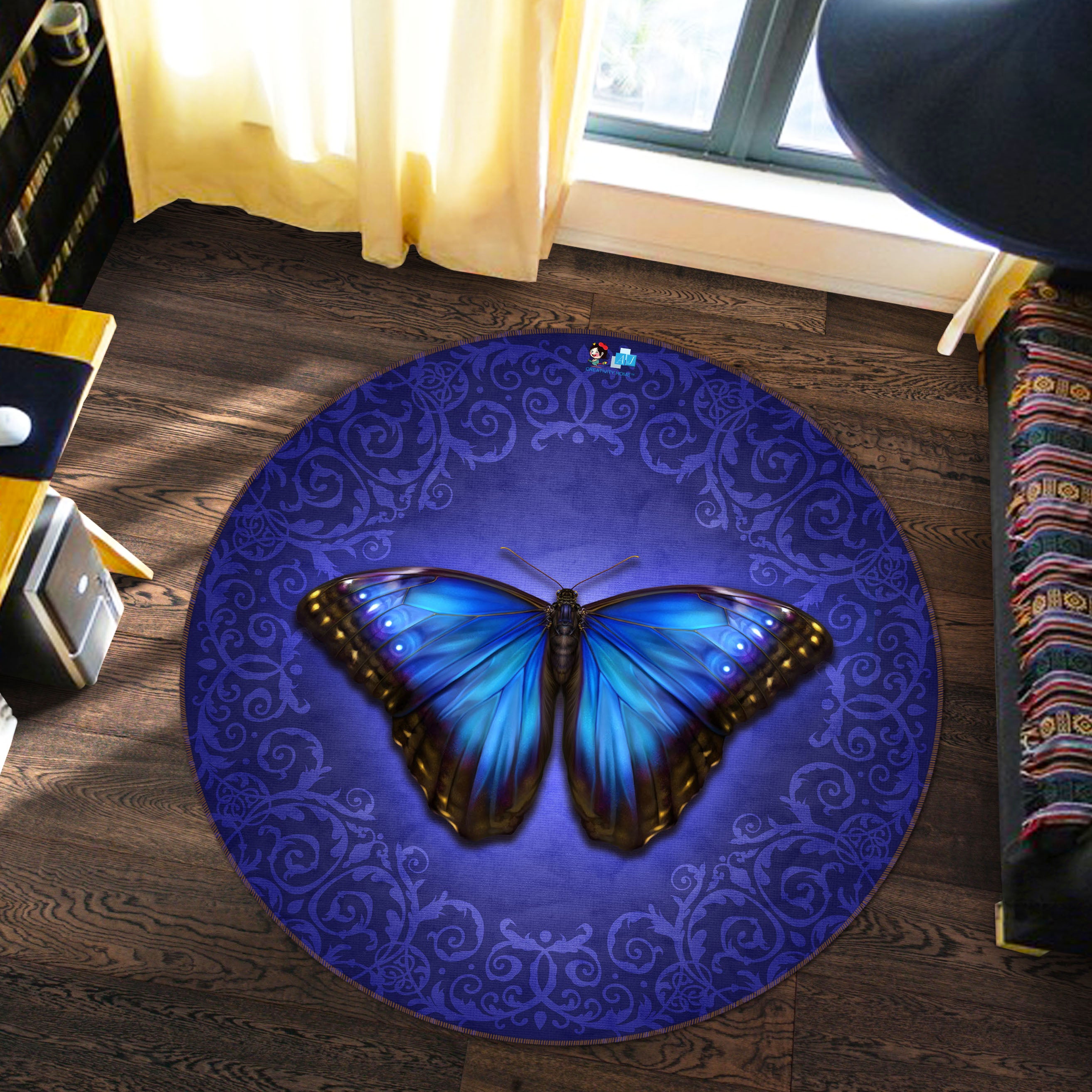 3D Blue Purple Butterfly 8896 Brigid Ashwood Rug Round Non Slip Rug Mat