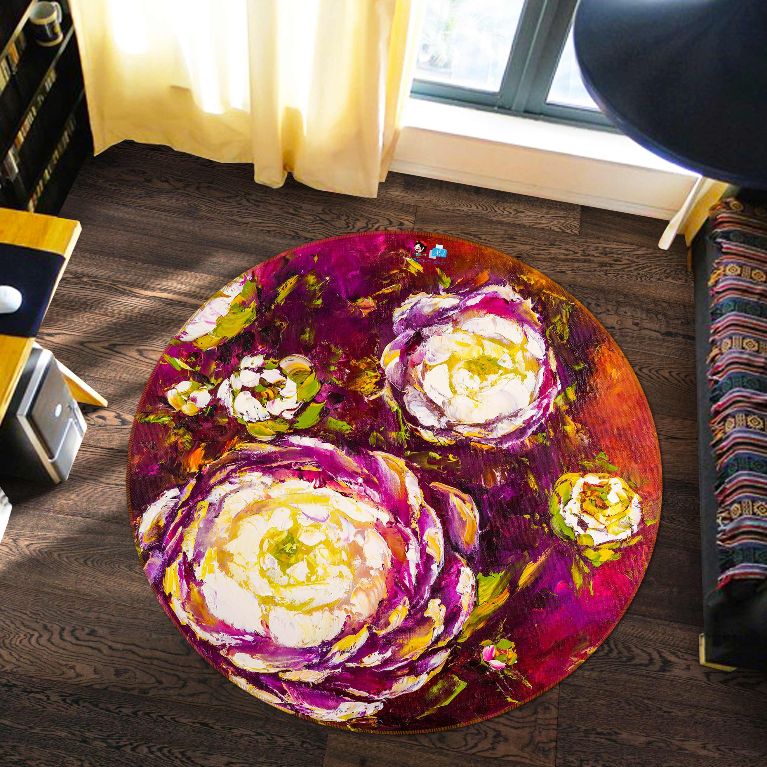 3D Purple Flower 794 Skromova Marina Rug Round Non Slip Rug Mat