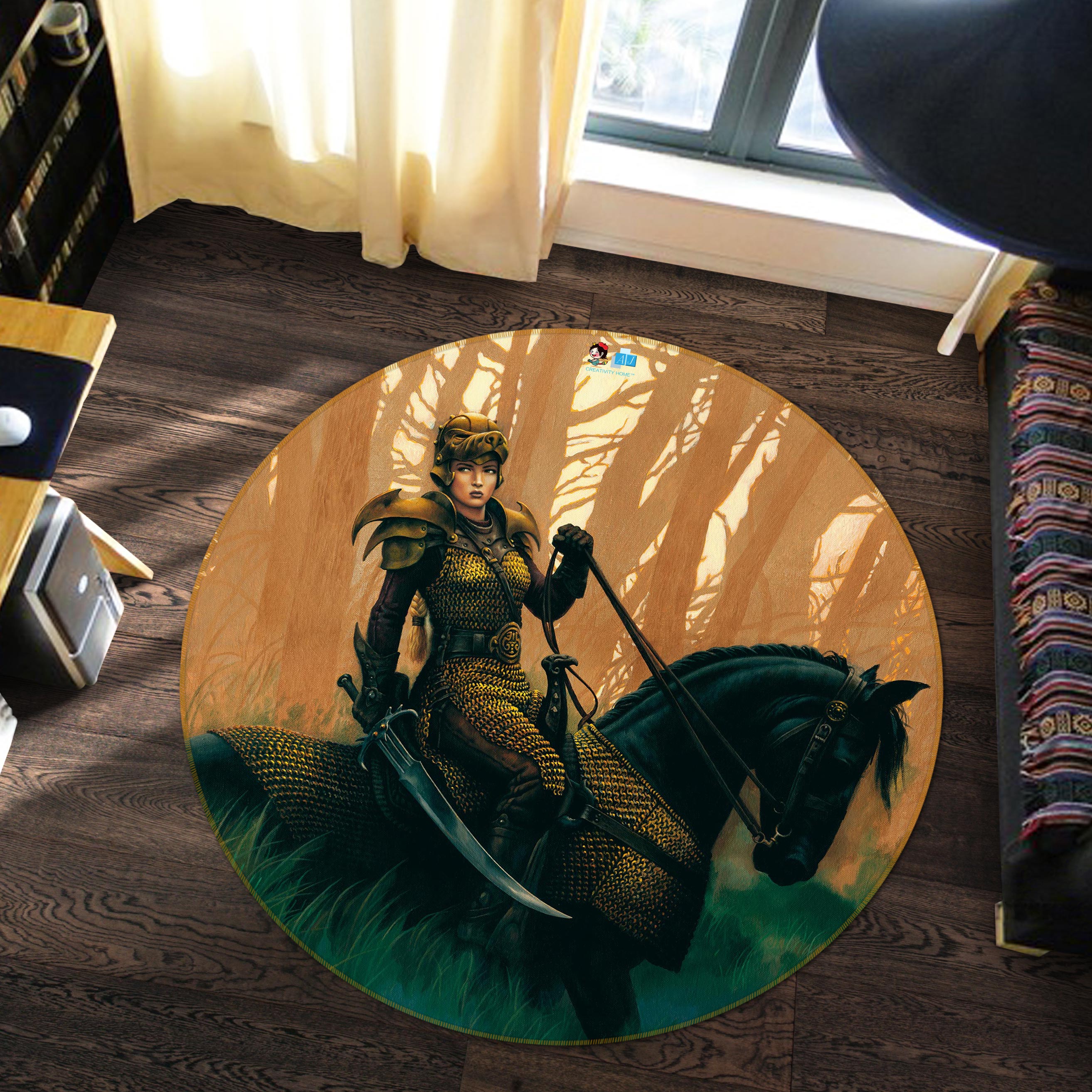 3D Female Knight Horse 6093 Ciruelo Rug Round Non Slip Rug Mat