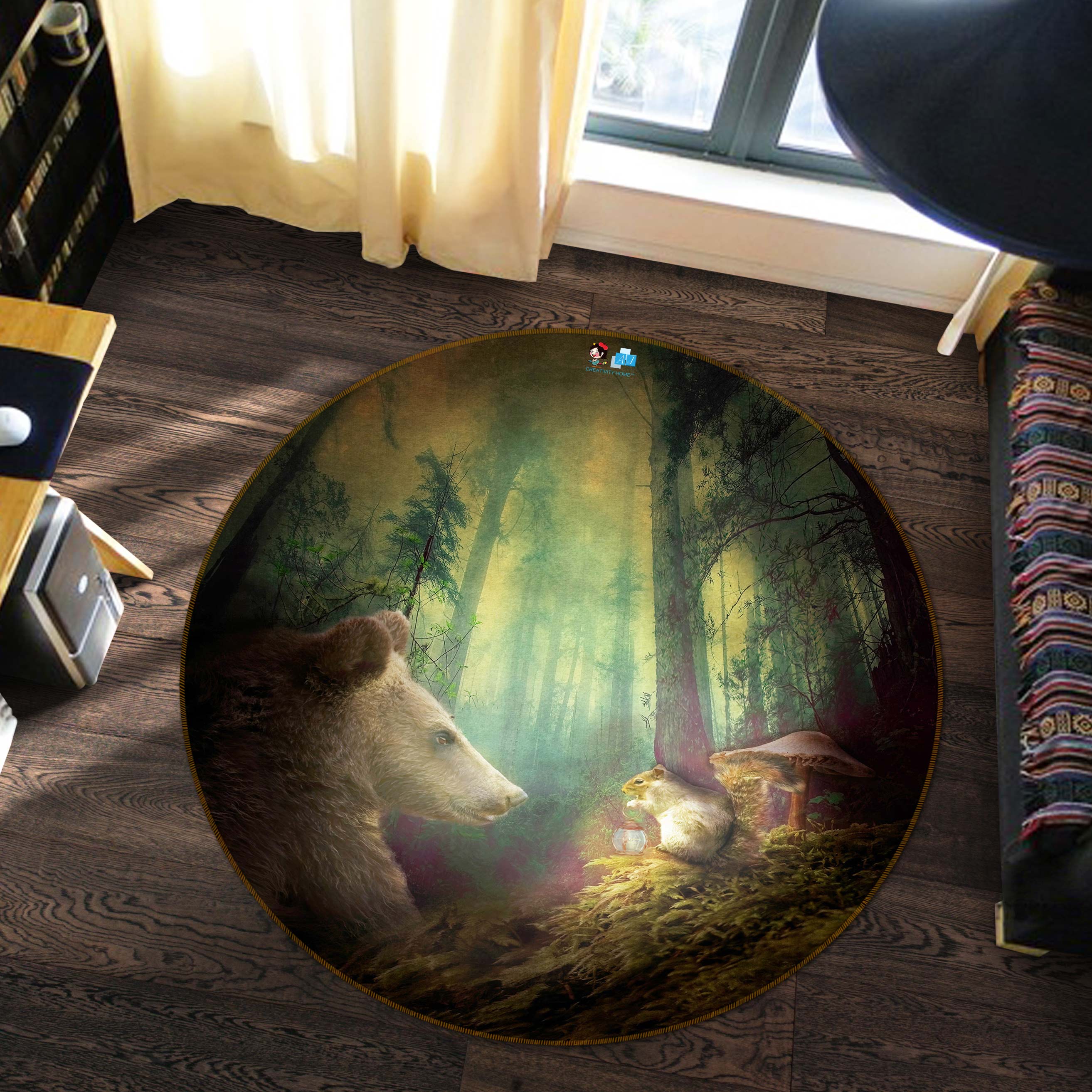 3D Forest Bear Mouse 5063 Beth Sheridan Rug Round Non Slip Rug Mat