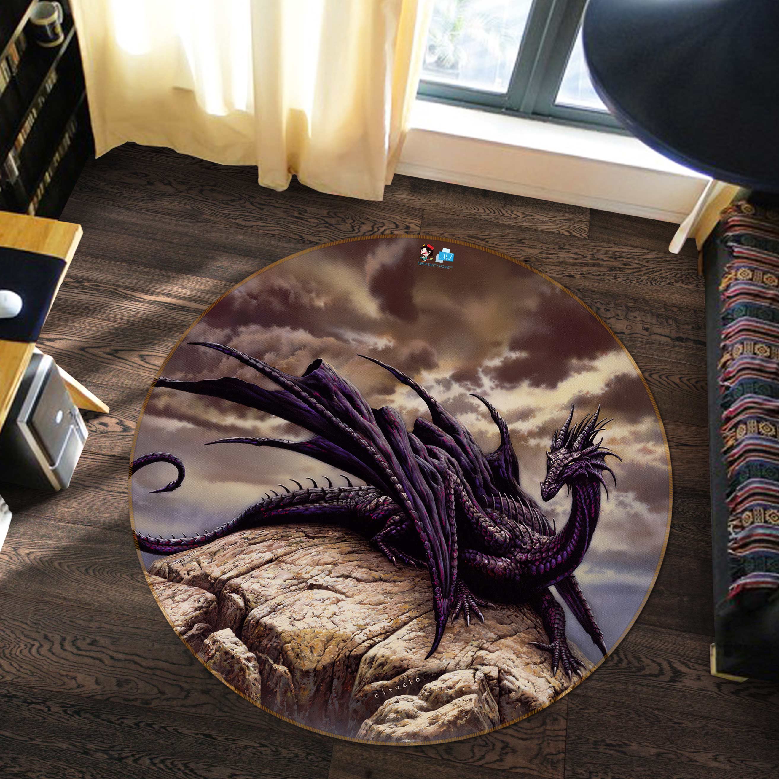 3D Stone Dragon 6085 Ciruelo Rug Round Non Slip Rug Mat