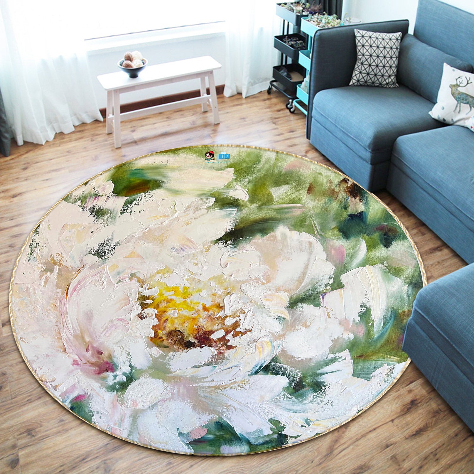 3D Painted Flower 7591 Skromova Marina Rug Round Non Slip Rug Mat