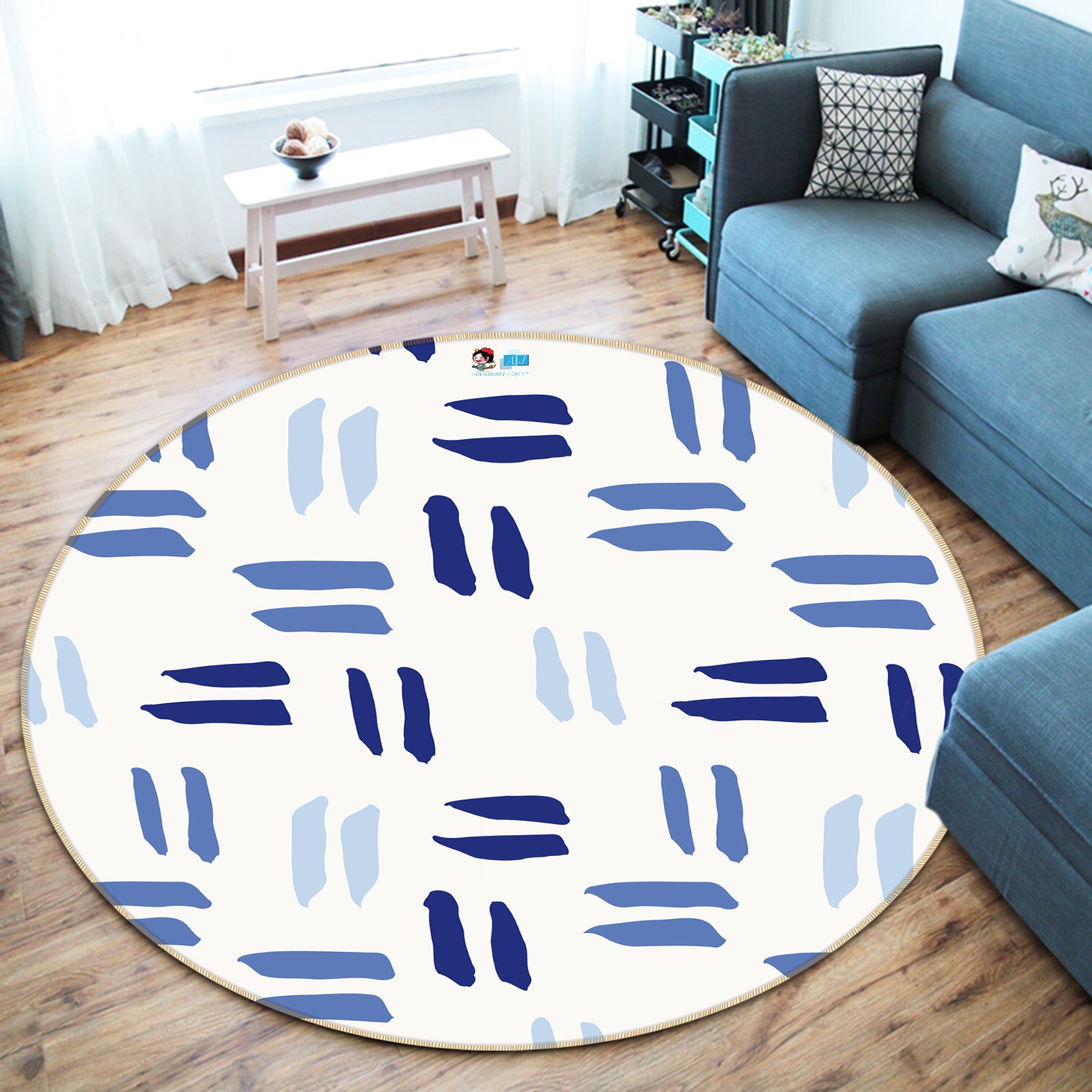 3D Blue Short Bar 10595 Kashmira Jayaprakash Rug Round Non Slip Rug Mat