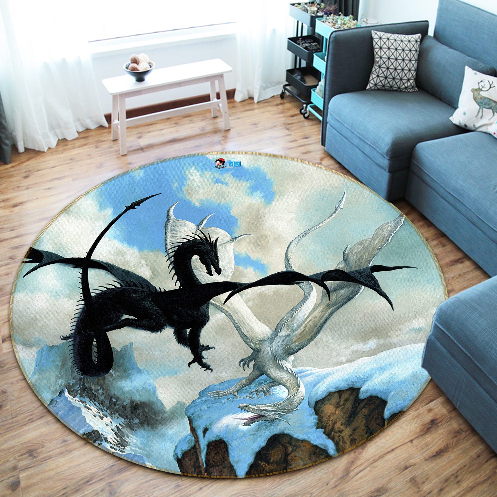 3D Black White Dragon 6112 Ciruelo Rug Round Non Slip Rug Mat