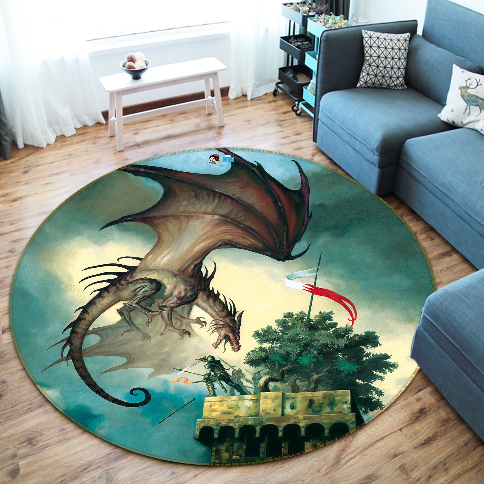 3D Roof Tree Dragon 6097 Ciruelo Rug Round Non Slip Rug Mat